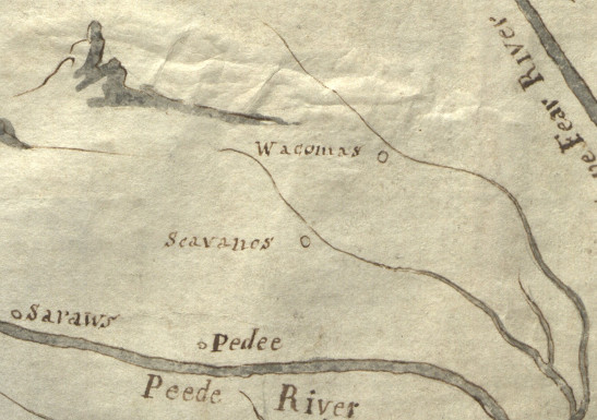 Detail of John Herbert&rsquo;s 1725 map showing the Waccamaw and neighboring Native towns